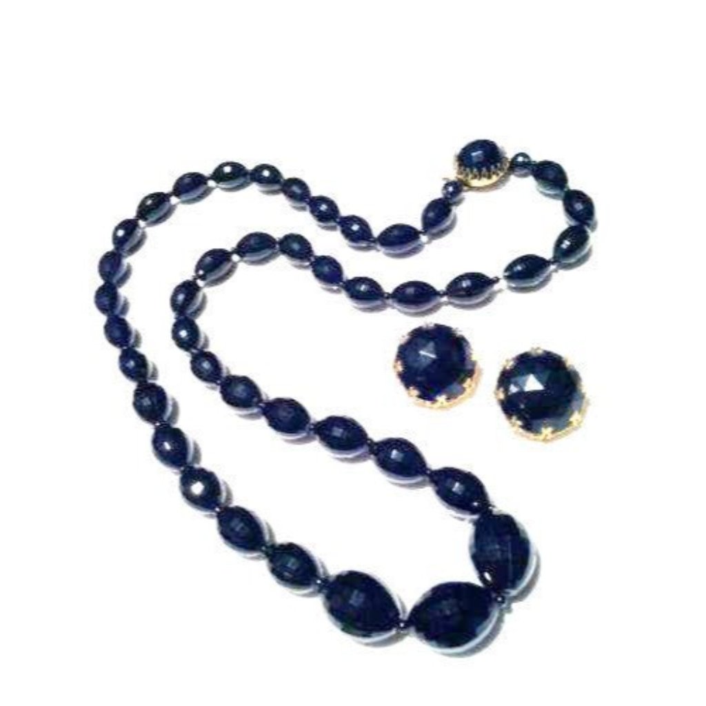 Black Plastic Jewelry Set Of 2 Beaded Necklace And Clip On Earrings Vintage Set